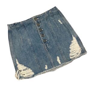 Denim Mini Skirt Destroyed Distressed Size 26 Exposed buttons Edgy Streetwear